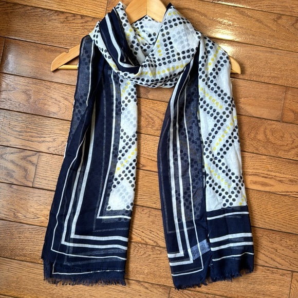 Dunnes Stores Sheer Pastel Yellow, Navy Blue & White Polka Dot Scarf - Picture 5 of 6